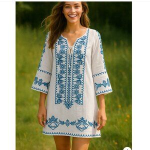 NEW Embroidered White and Blue Women's Tunic Dress